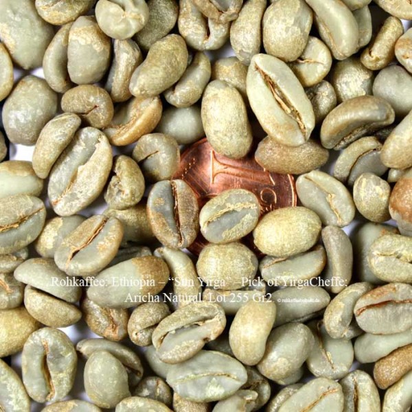 Rohkaffee: Ethiopia – “Sun Yirga” –Pick of YirgaCheffe; Aricha Natural, Lot 255 Gr2. ©rohkaffeebohnen.de